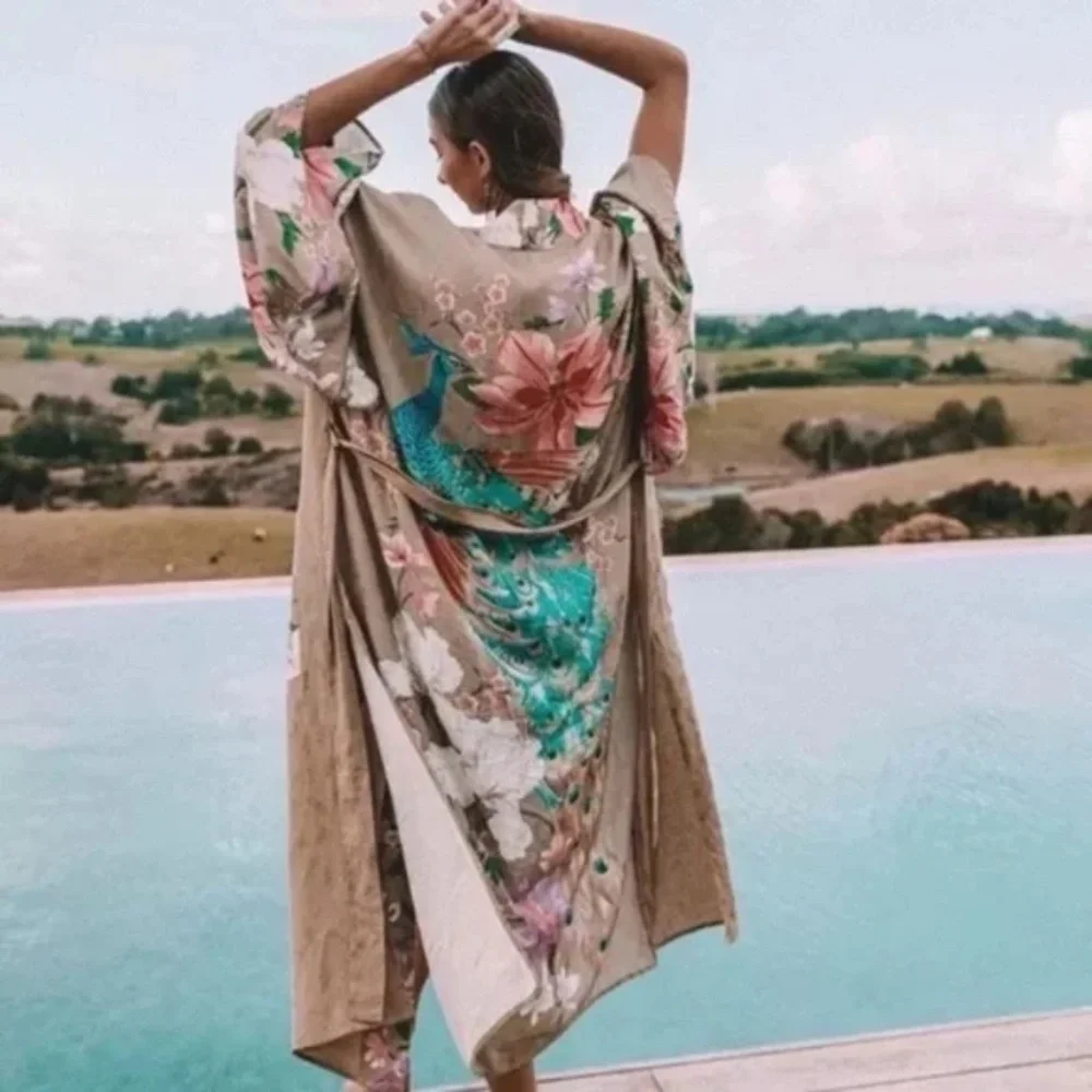 SOLD OUT Gypsy Bohemian Tan Floral Peacock Open Kimono Robe - Picture 5 of 12